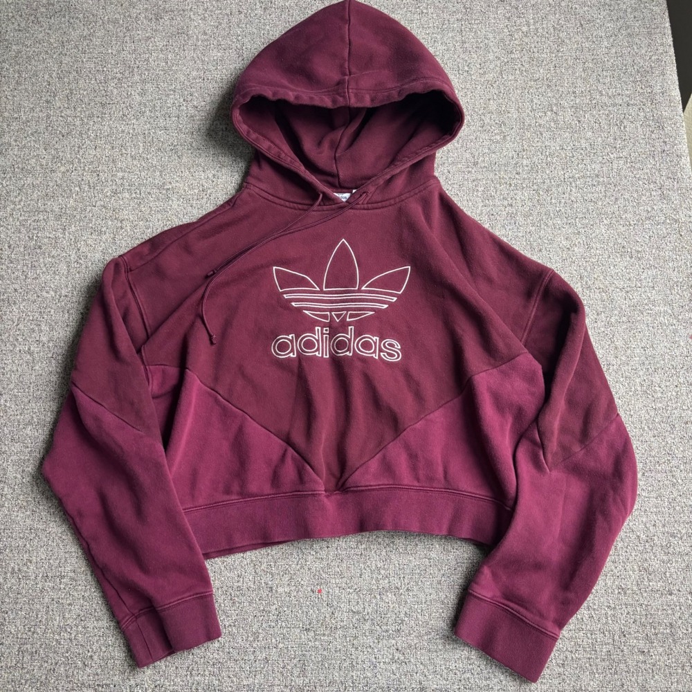 Adidas Hoodie Womens M Maroon Trefoil Logo Cropped Fit Boxy‎ Pullover Sweatshirt